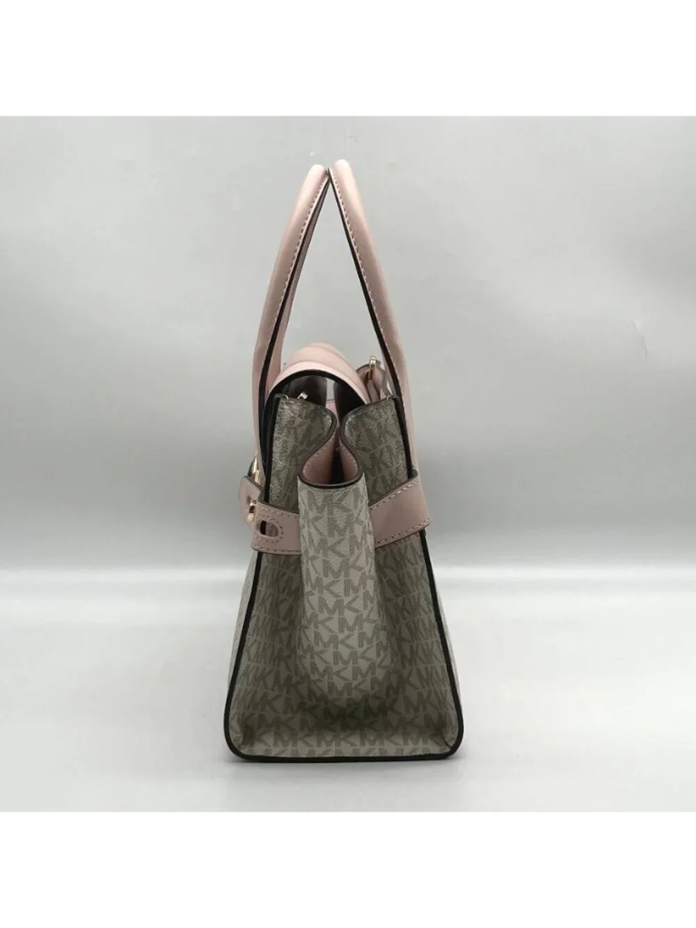 Michael Kors Carmen Vanilla/Powder Blush Signature Canvas Medium Belted Satchel